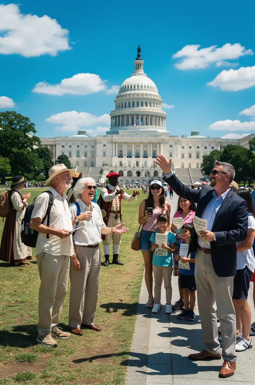 Tourists exploring a vibrant cultural district with historic buildings, street art, and local shops in a bustling urban setting.